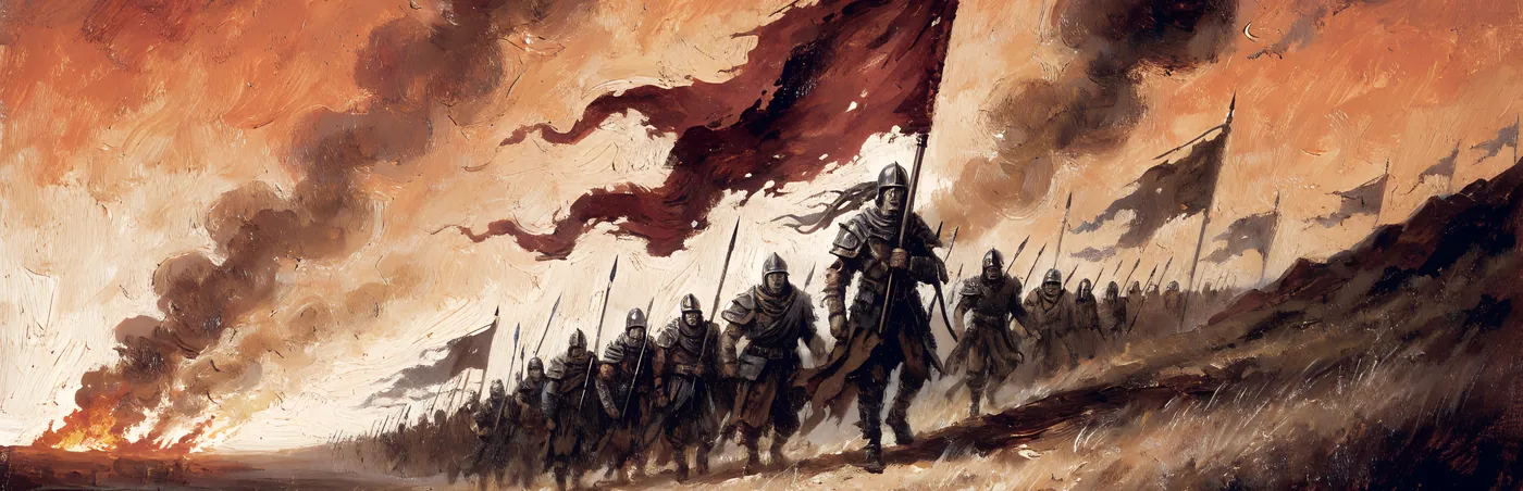 A ragged free company marches under a torn crimson banner, smoke and fire behind them.