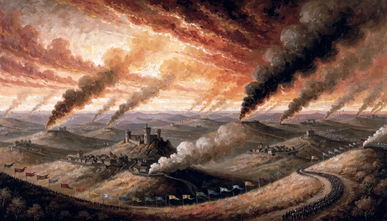 A painted view of the Bannered Lands: smoke rising from burning hills, a castle, and a column of banners on the road.