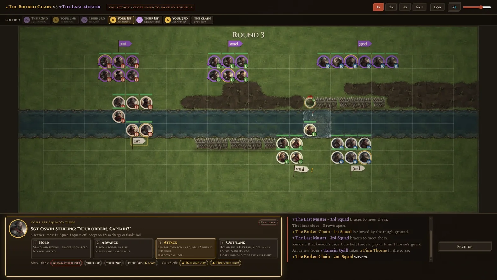 A Sergeant asks for orders - Hold, Advance, Attack or Outflank - while the squads clash on a painted field, the turn bar above.
